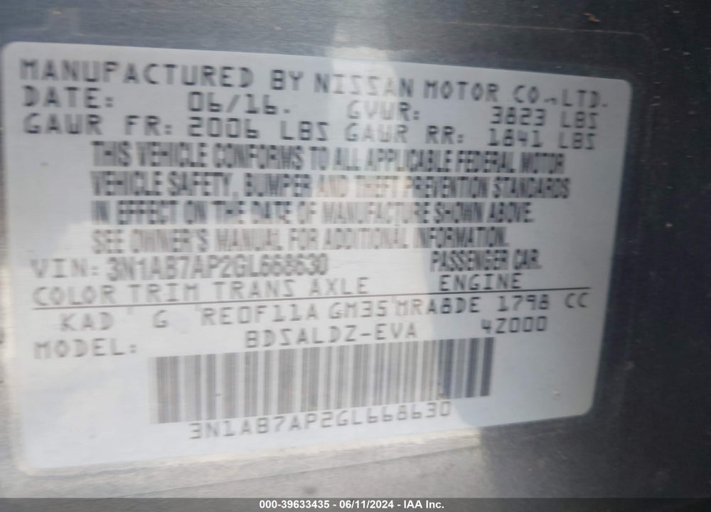 2016 NISSAN SENTRA VIN: 3N1AB7AP2GL668630