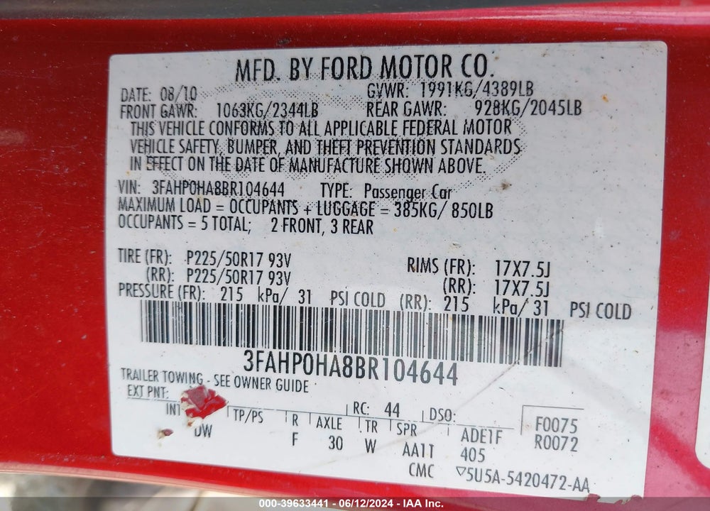 2011 FORD FUSION SE VIN: 3FAHP0HA8BR104644
