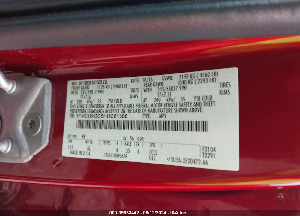 2017 FORD ESCAPE SE VIN: 1FMCU9GD5HUC01388