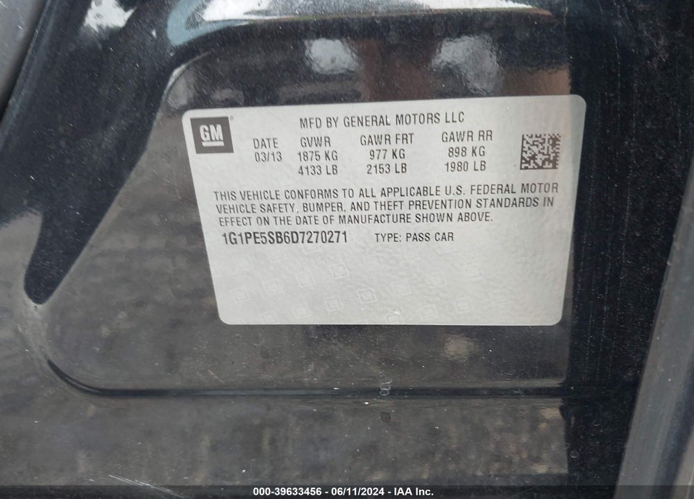 2013 CHEVROLET CRUZE 2LT AUTO VIN: 1G1PE5SB6D7270271