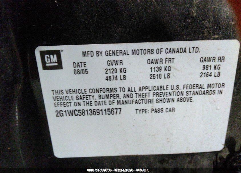 2006 CHEVROLET IMPALA LT VIN: 2G1WC581369115677
