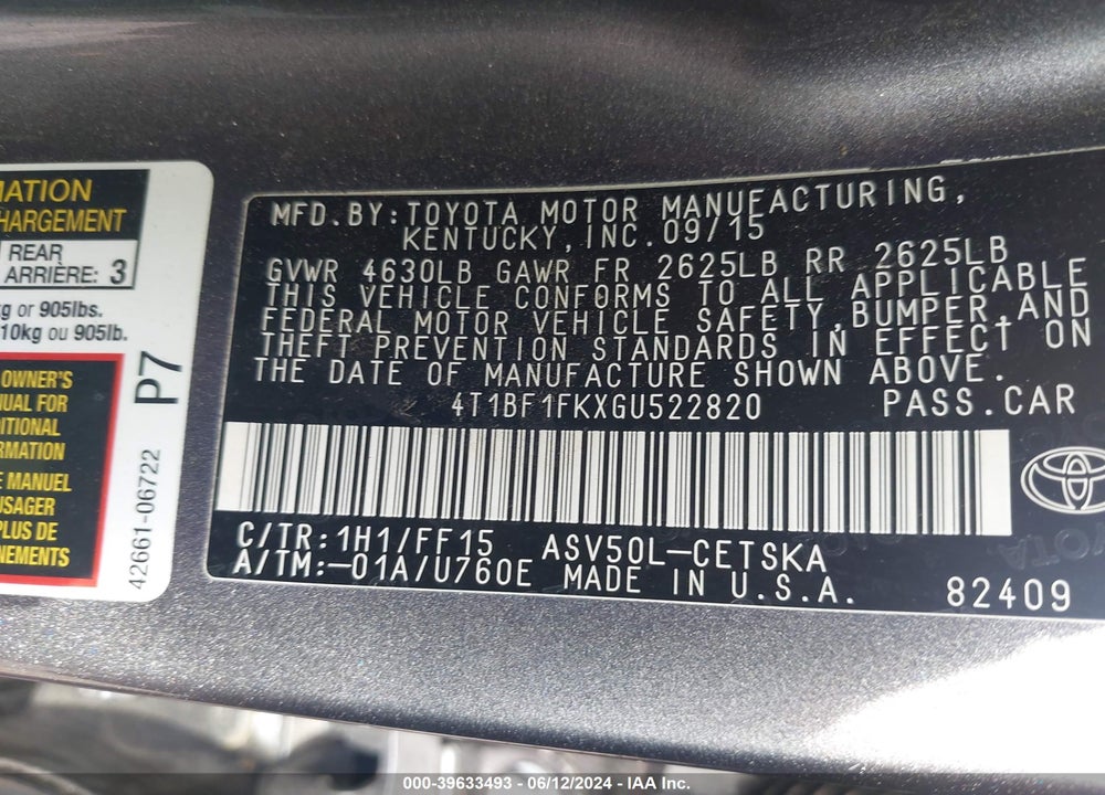2016 TOYOTA CAMRY SE VIN: 4T1BF1FKXGU522820