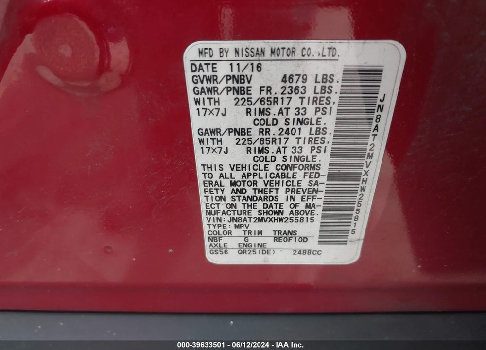 2017 NISSAN ROGUE S VIN: JN8AT2MVXHW255815