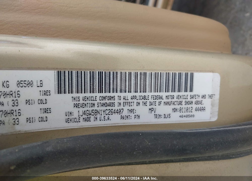 2000 JEEP GRAND CHEROKEE LIMITED VIN: 1J4GW58N1YC264407