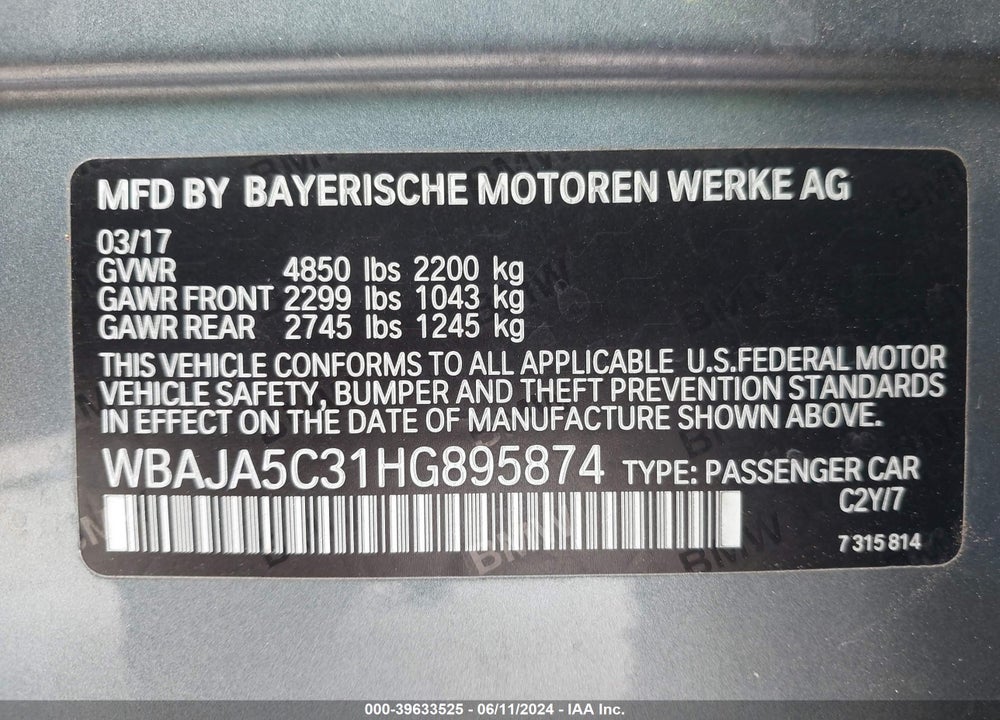 2017 BMW 530I VIN: WBAJA5C31HG895874
