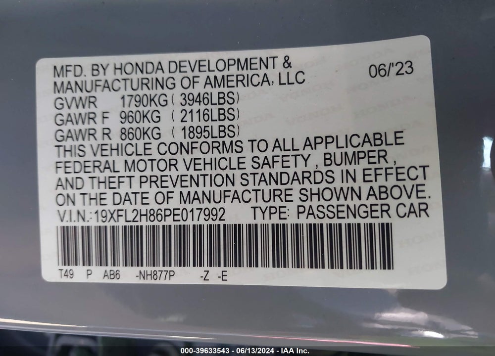 2023 HONDA CIVIC SPORT VIN: 19XFL2H86PE017992