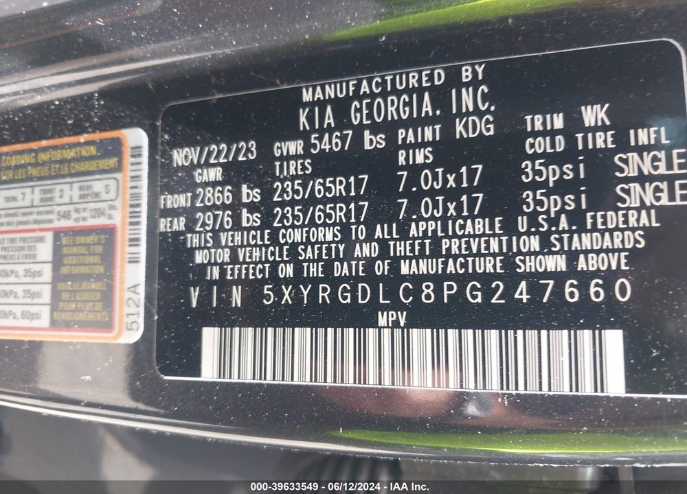 2023 KIA SORENTO LX VIN: 5XYRGDLC8PG247660