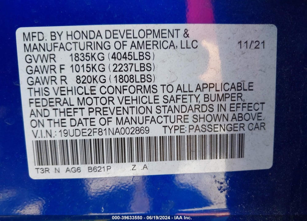 2022 ACURA ILX PREMIUM A-SPEC PACKAGES/TECHNOLOGY A-SPEC PACKAGES VIN: 19UDE2F81NA002869