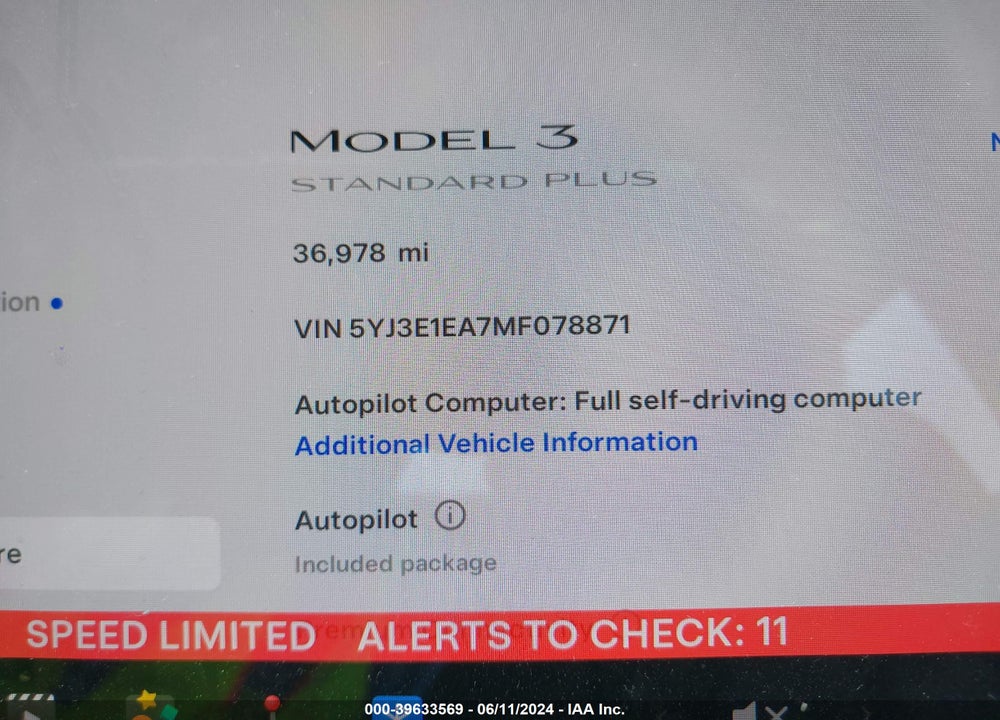 2021 TESLA MODEL 3 STANDARD RANGE PLUS REAR-WHEEL DRIVE VIN: 5YJ3E1EA7MF078871