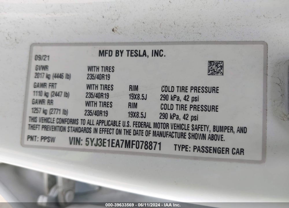2021 TESLA MODEL 3 STANDARD RANGE PLUS REAR-WHEEL DRIVE VIN: 5YJ3E1EA7MF078871