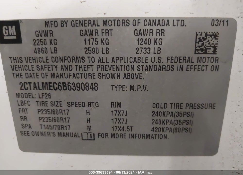 2011 GMC TERRAIN SLE-1 VIN: 2CTALMEC6B6390848