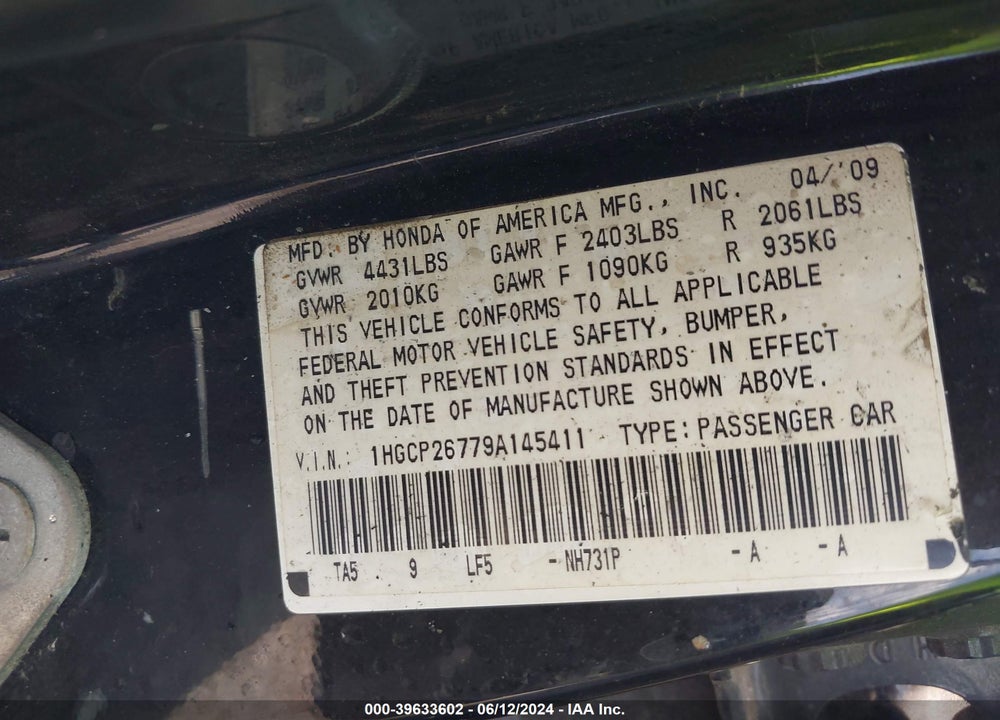 2009 HONDA ACCORD VIN: 1HGCP26779A145411