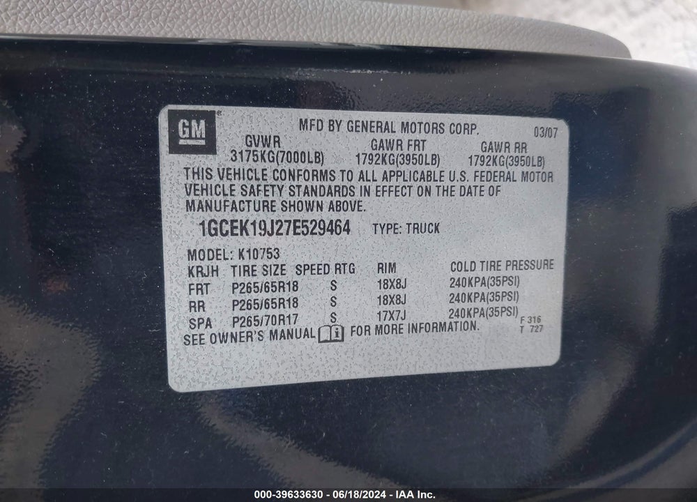 2007 CHEVROLET SILVERADO 1500 LT2 VIN: 1GCEK19J27E529464