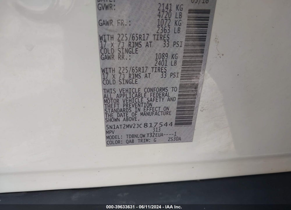 2018 NISSAN ROGUE SV VIN: 5N1AT2MV2JC817544