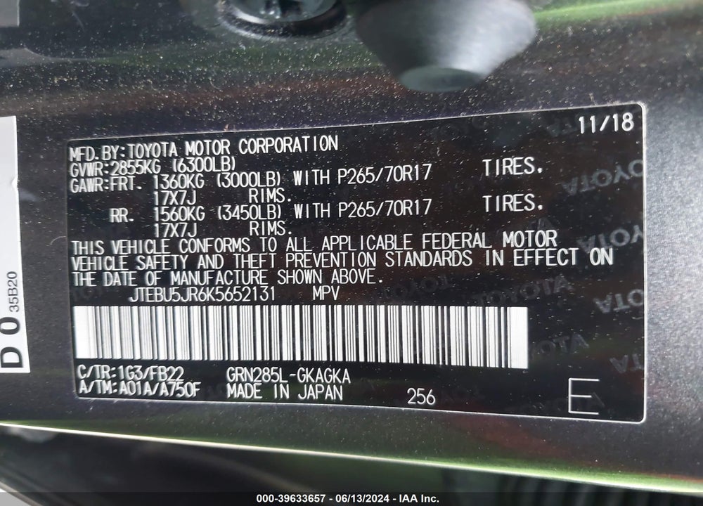 2019 TOYOTA 4RUNNER SR5 VIN: JTEBU5JR6K5652131