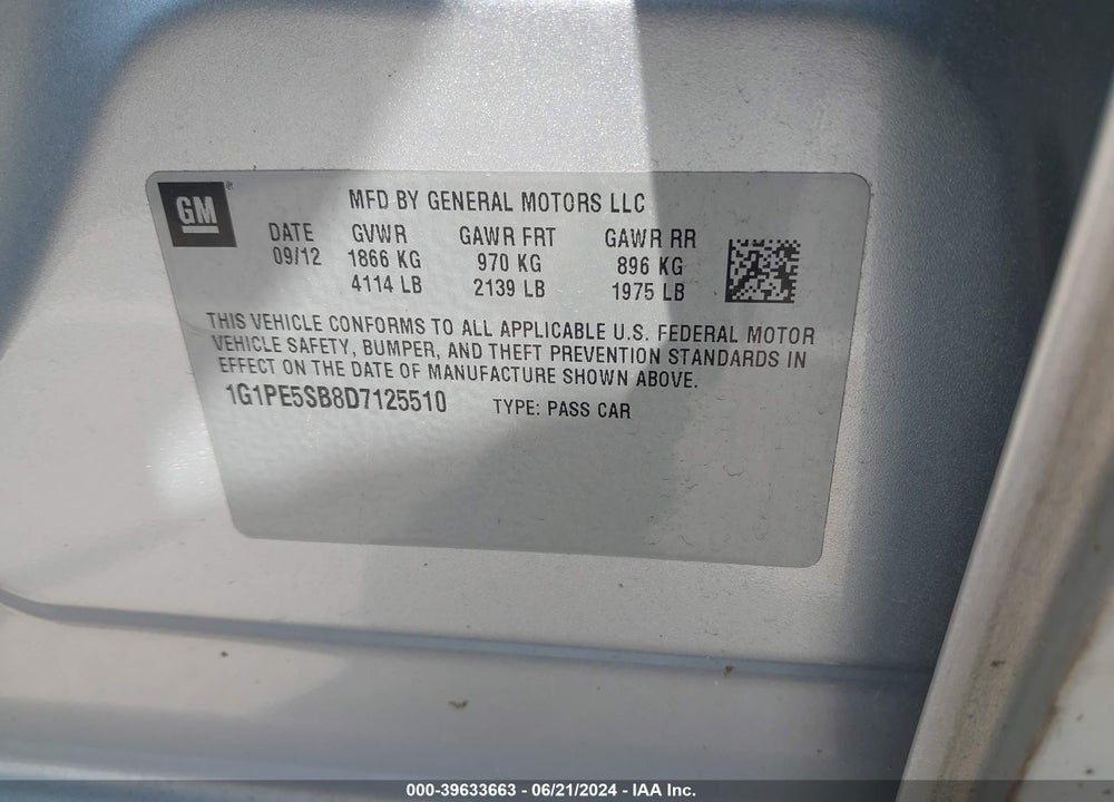 2013 CHEVROLET CRUZE 2LT AUTO VIN: 1G1PE5SB8D7125510