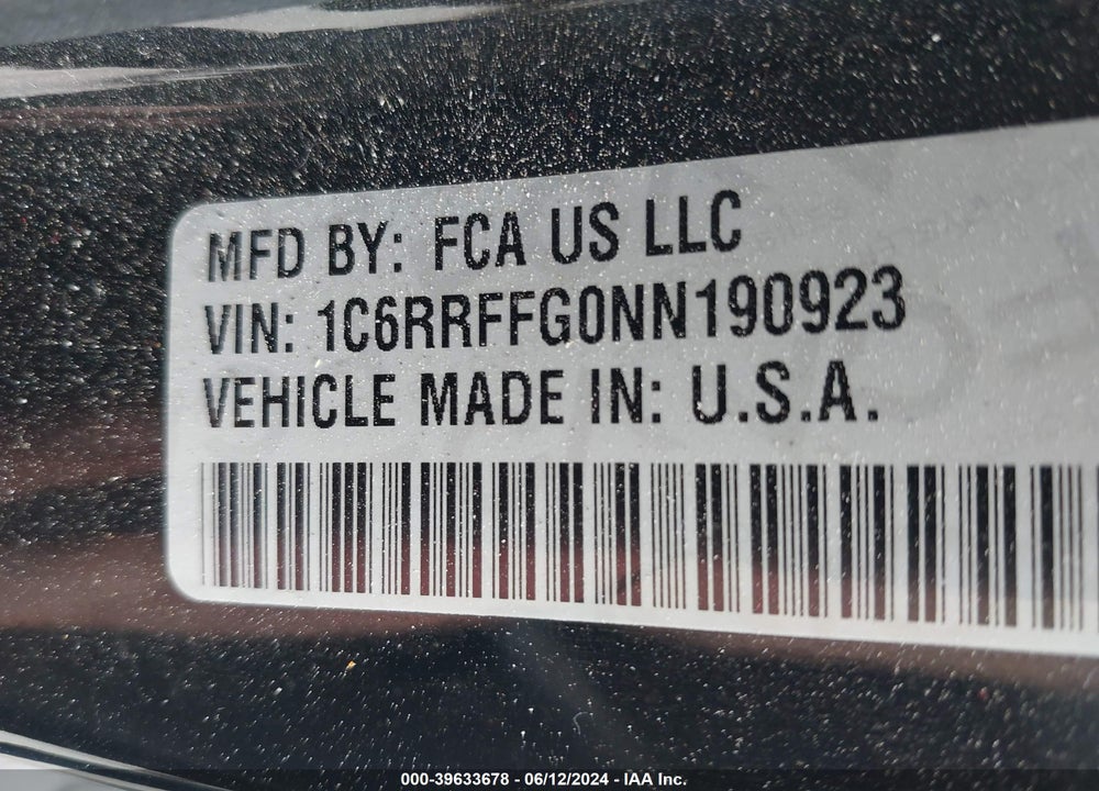 2022 RAM 1500 BIG HORN 4X4 5'7 BOX VIN: 1C6RRFFG0NN190923