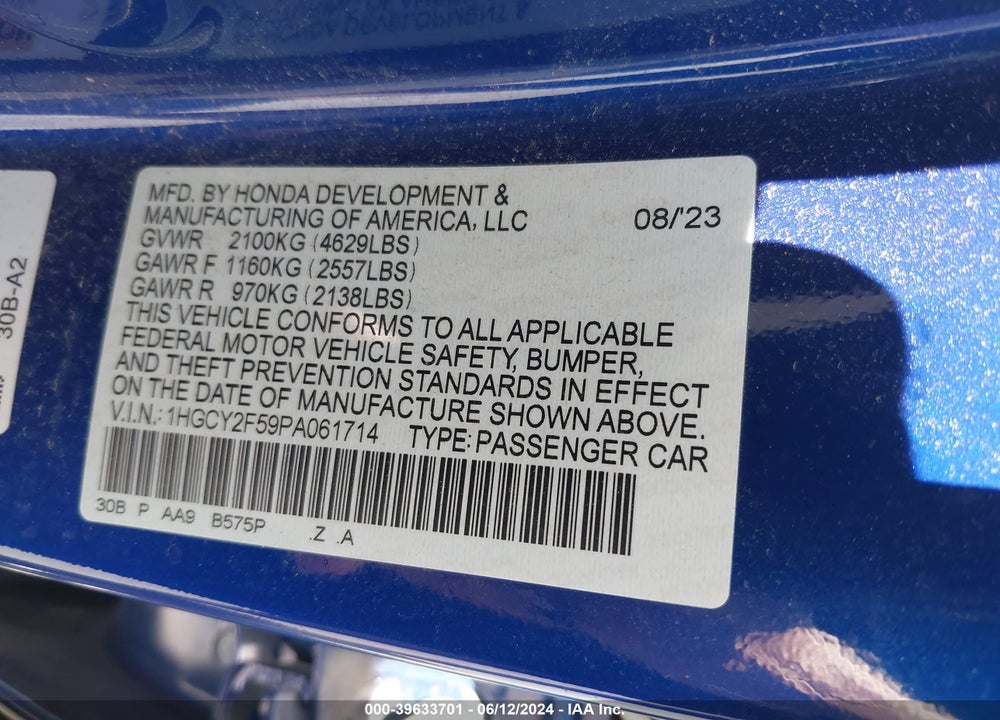 2023 HONDA ACCORD HYBRID SPORT VIN: 1HGCY2F59PA061714