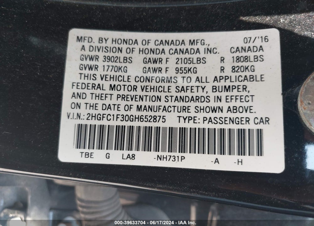 2016 HONDA CIVIC EX-T VIN: 2HGFC1F30GH652875