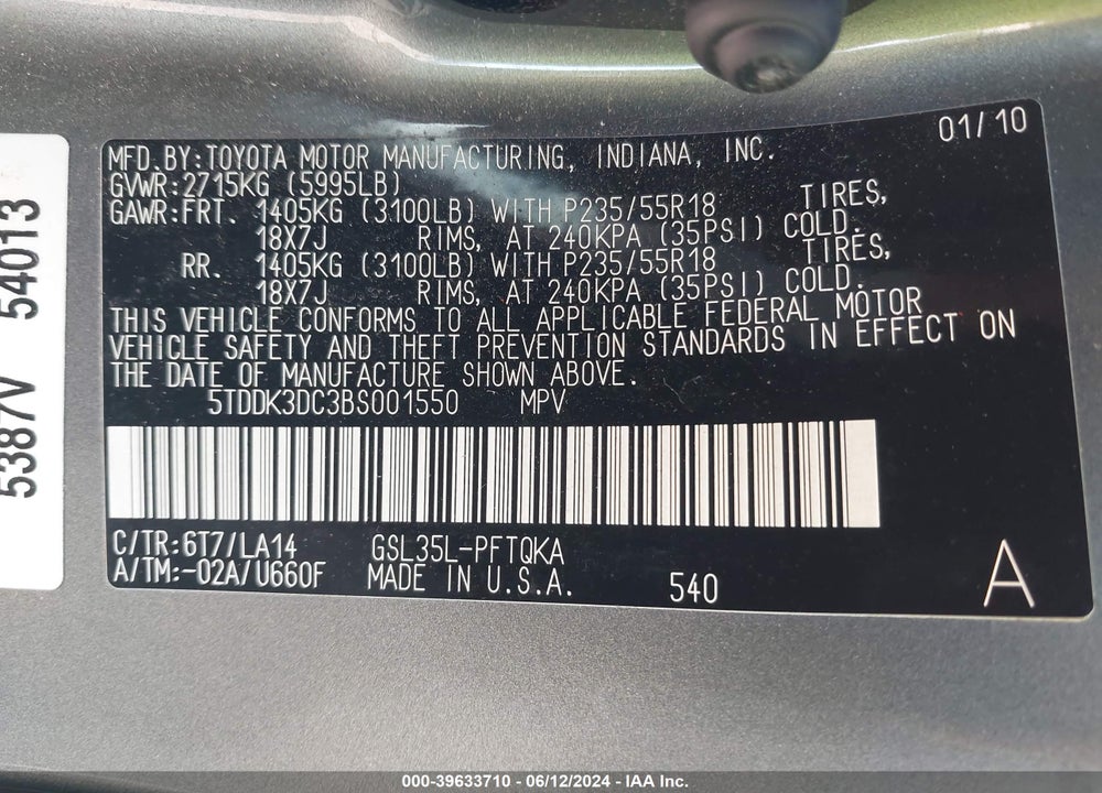 2011 TOYOTA SIENNA LIMITED VIN: 5TDDK3DC3BS001550