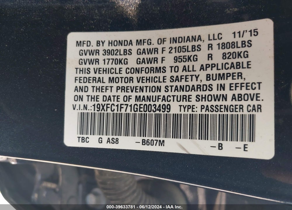 2016 HONDA CIVIC EX-L VIN: 19XFC1F71GE003499