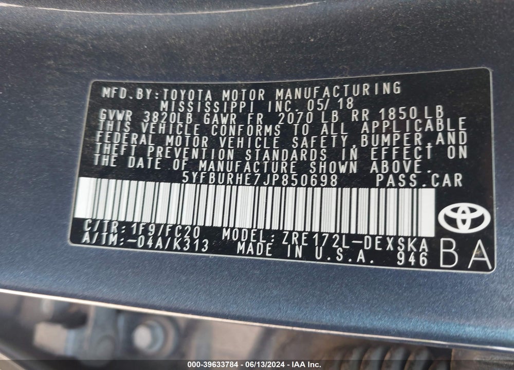 2018 TOYOTA COROLLA SE VIN: 5YFBURHE7JP850698