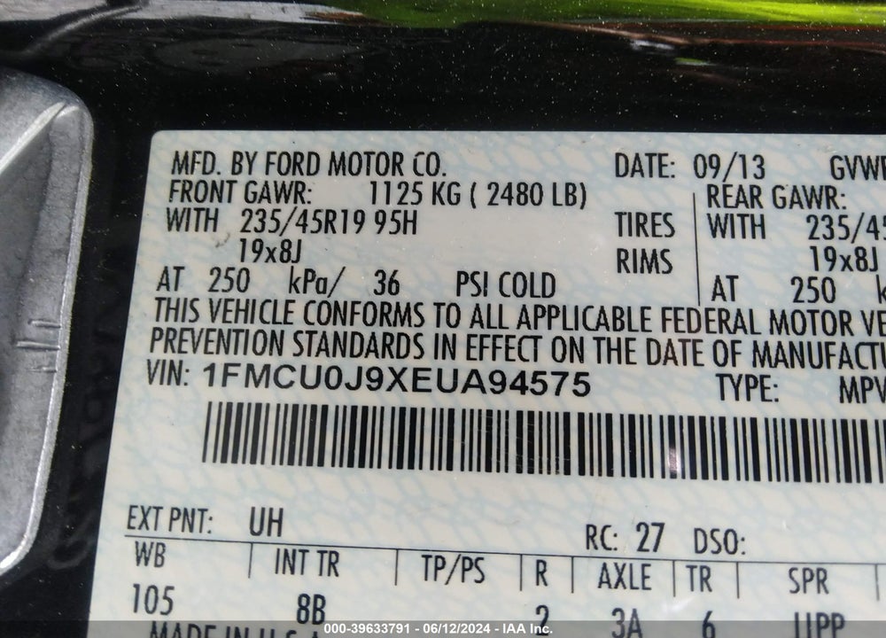 2014 FORD ESCAPE TITANIUM VIN: 1FMCU0J9XEUA94575