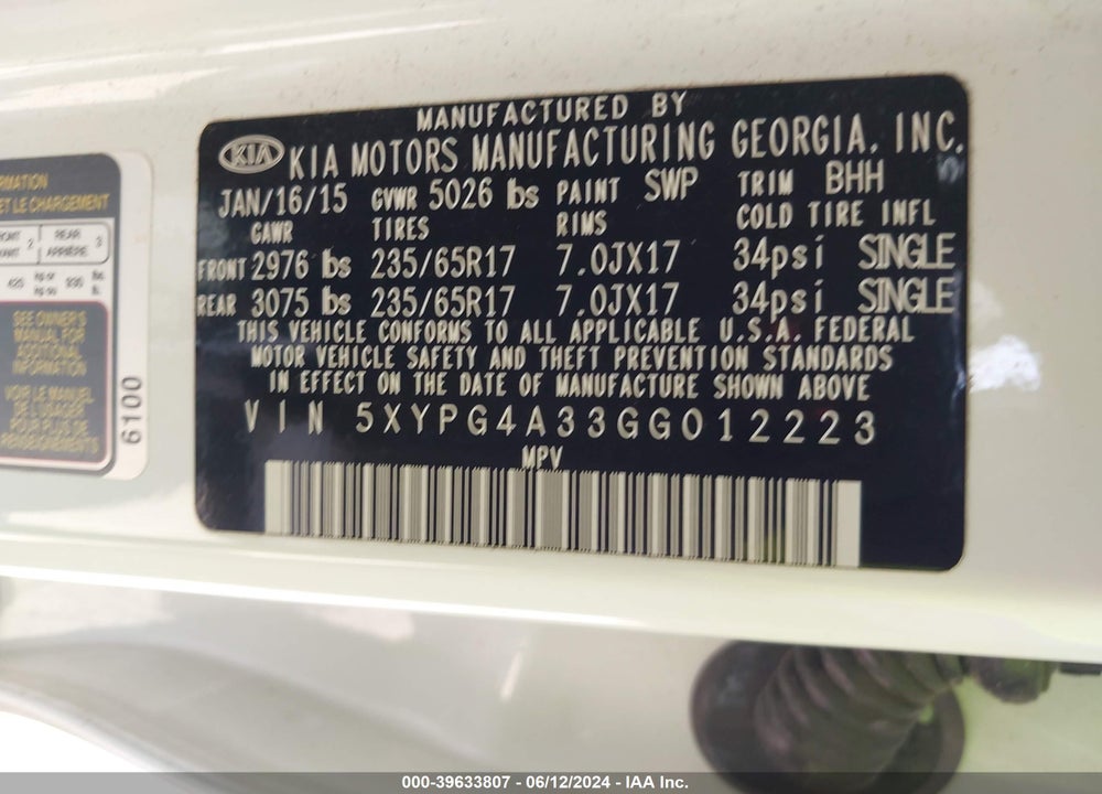 2016 KIA SORENTO 2.4L LX VIN: 5XYPG4A33GG012223