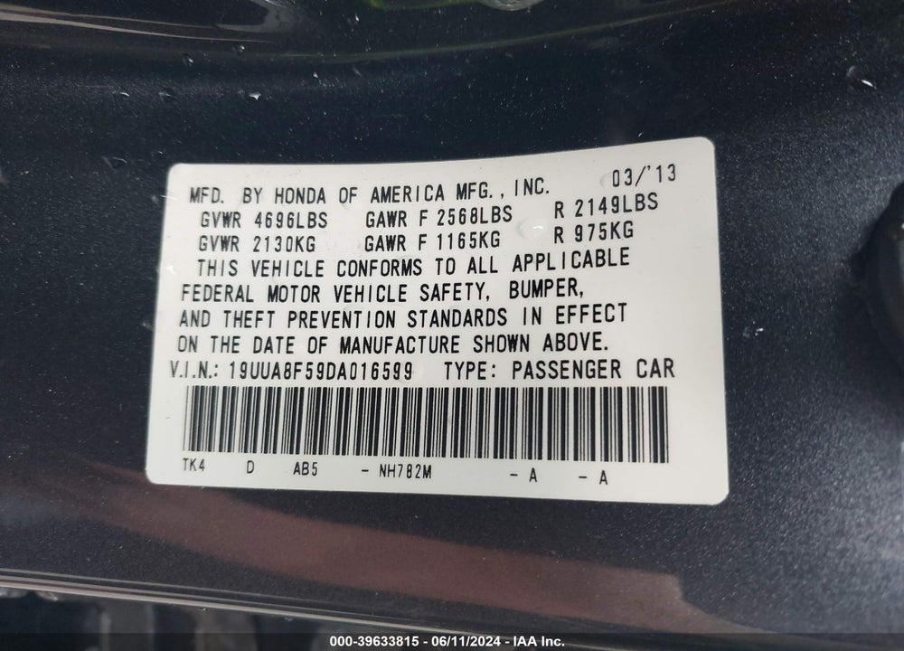 2013 ACURA TL 3.5 VIN: 19UUA8F59DA016599