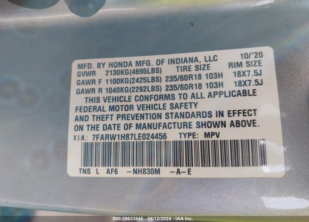 2020 HONDA CR-V 2WD EX-L VIN: 7FARW1H87LE024456