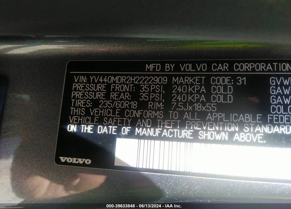 2017 VOLVO XC60 T5 DYNAMIC VIN: YV440MDR2H2222909