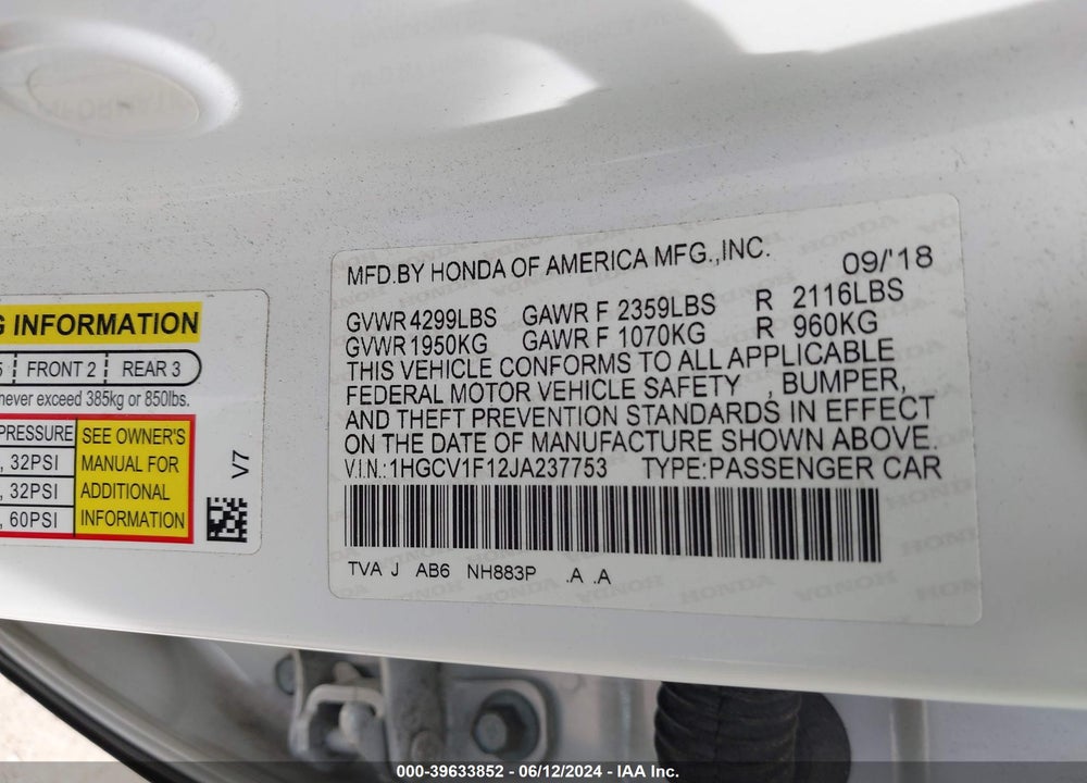 2018 HONDA ACCORD LX VIN: 1HGCV1F12JA237753