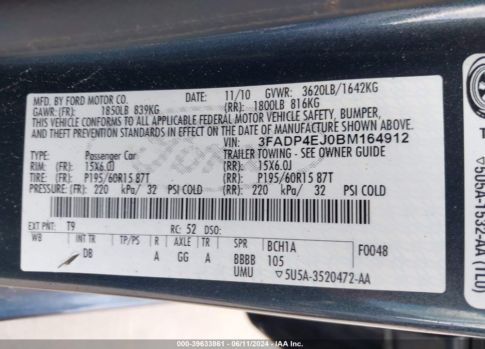 2011 FORD FIESTA SE VIN: 3FADP4EJ0BM164912