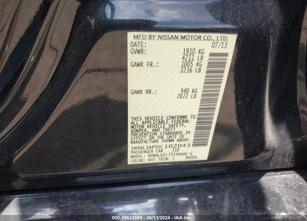 2014 NISSAN ALTIMA 2.5 SV VIN: 1N4AL3AP5EC102043