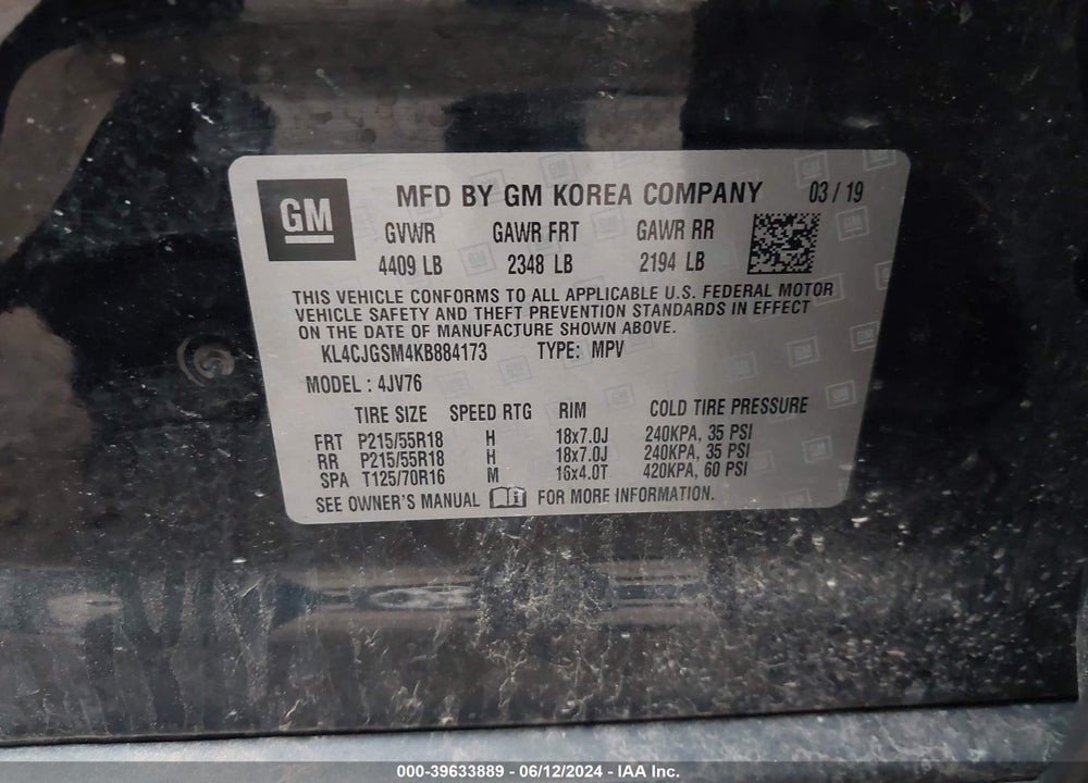 2019 BUICK ENCORE AWD ESSENCE VIN: KL4CJGSM4KB884173