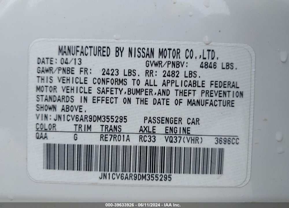 2013 INFINITI G37X VIN: JN1CV6AR9DM355295