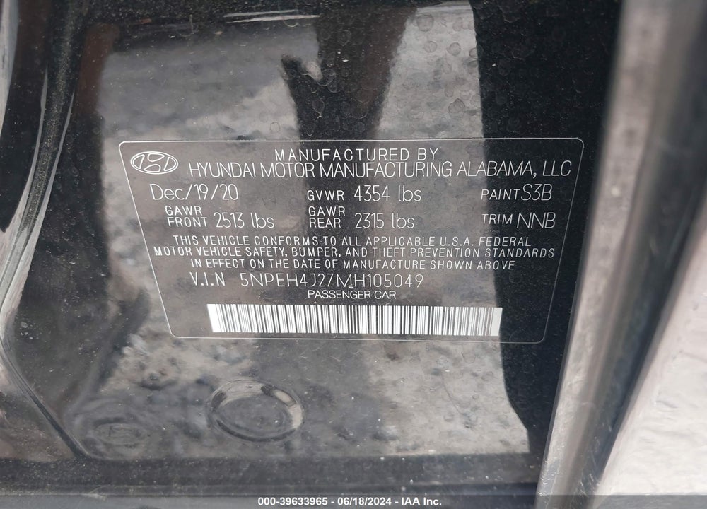 2021 HYUNDAI SONATA VIN: 5NPEH4J27MH105049
