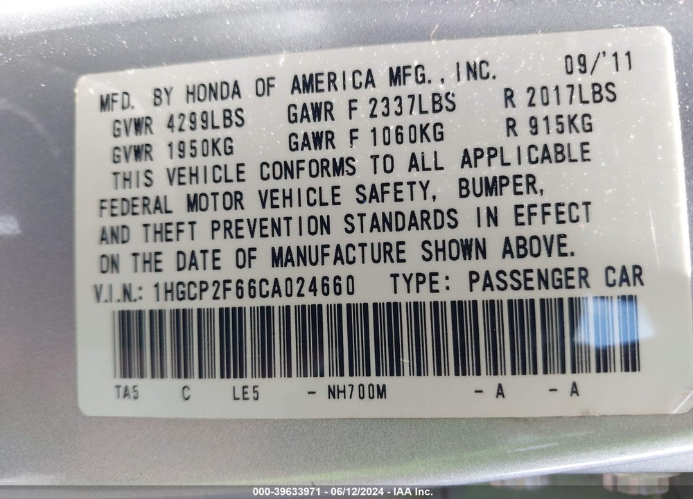 2012 HONDA ACCORD 2.4 SE VIN: 1HGCP2F66CA024660