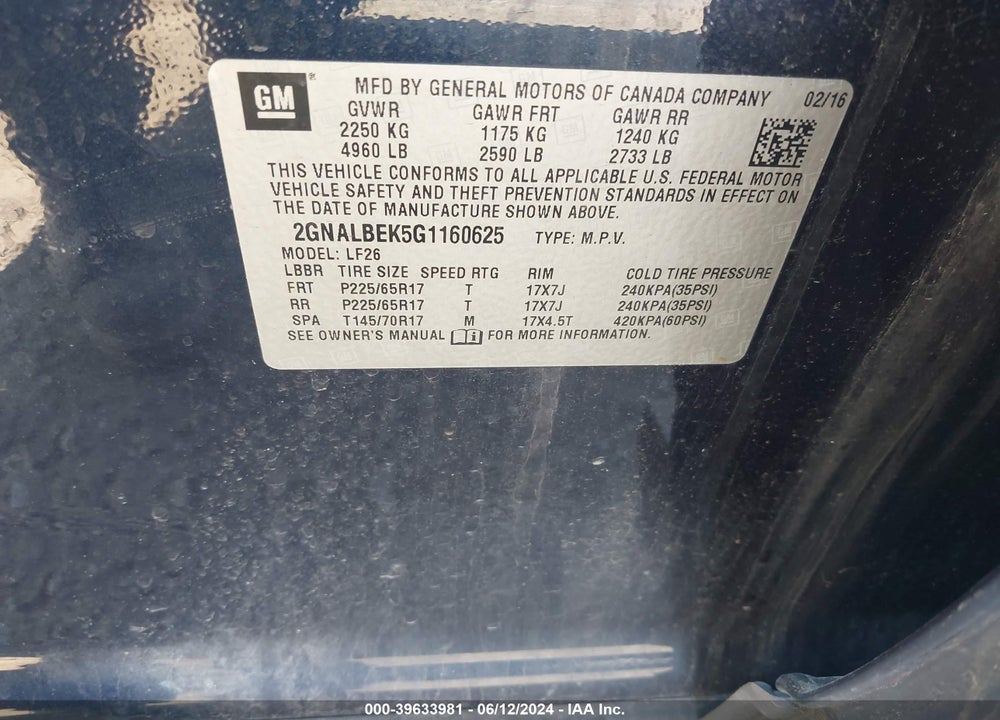 2016 CHEVROLET EQUINOX LS VIN: 2GNALBEK5G1160625