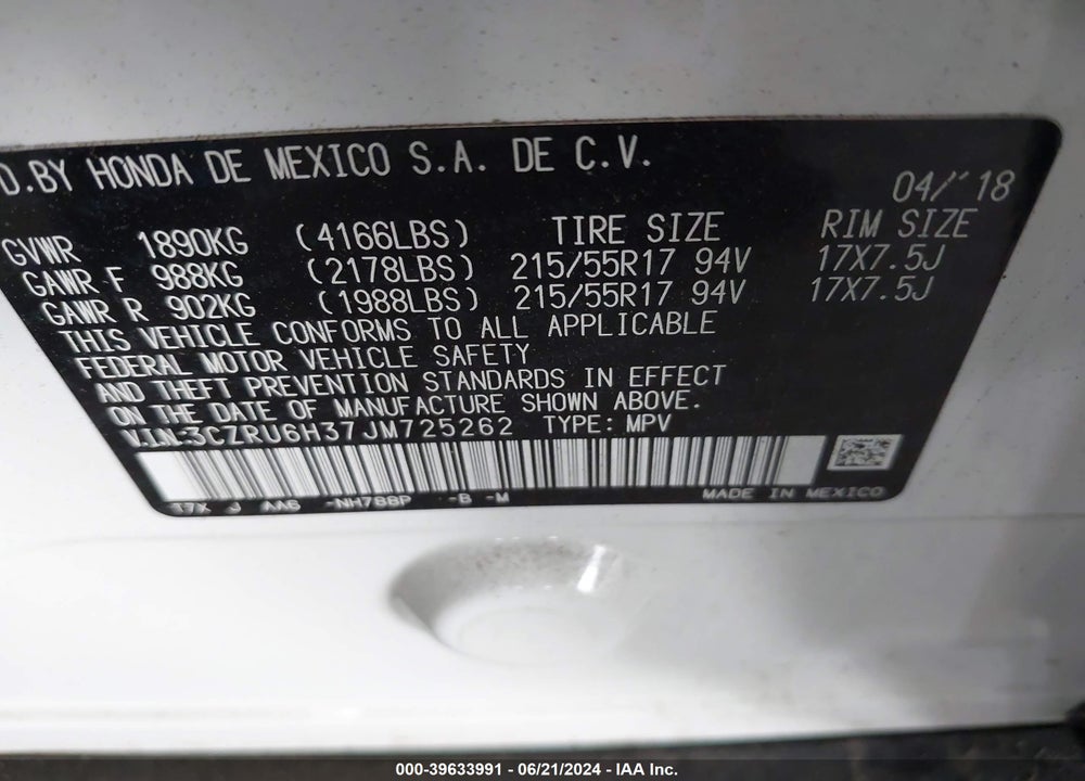 2018 HONDA HR-V LX VIN: 3CZRU6H37JM725262
