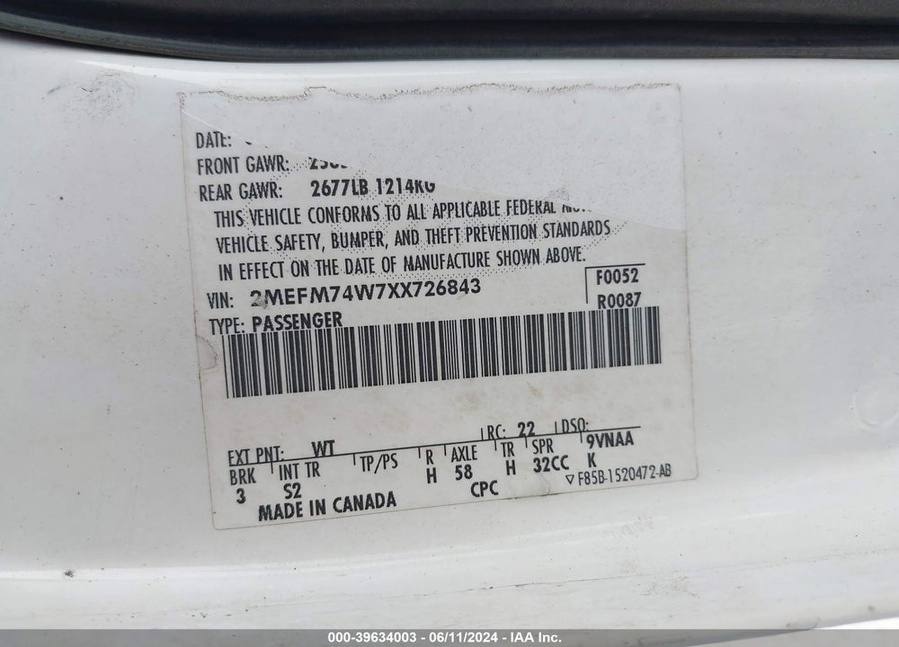 1999 MERCURY GRAND MARQUIS GS VIN: 2MEFM74W7XX726843
