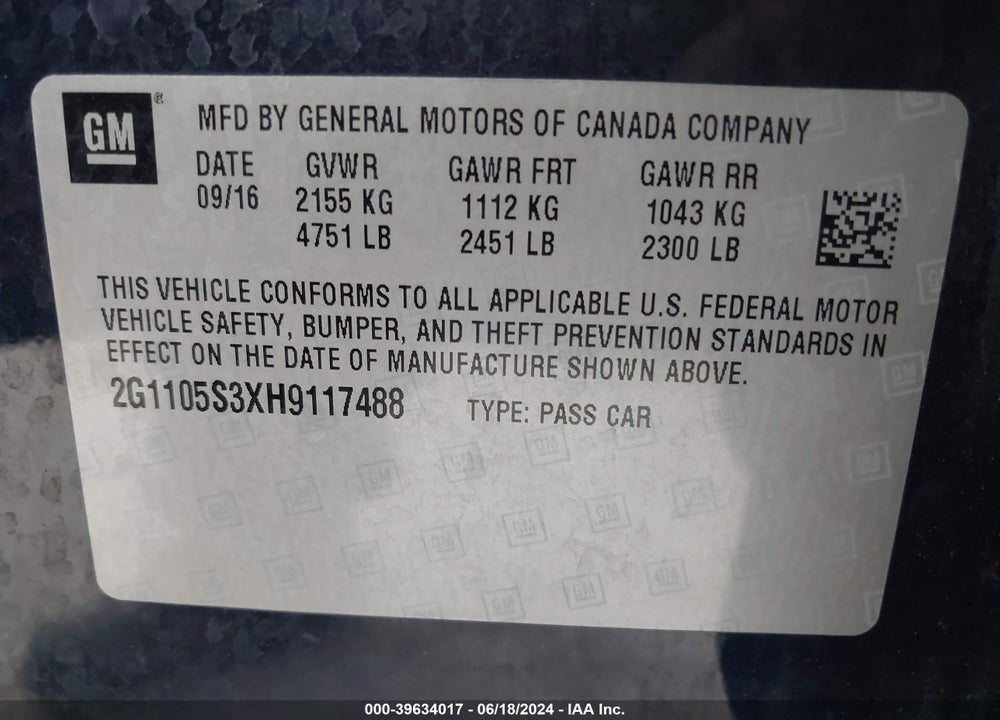 2017 CHEVROLET IMPALA 1LT VIN: 2G1105S3XH9117488