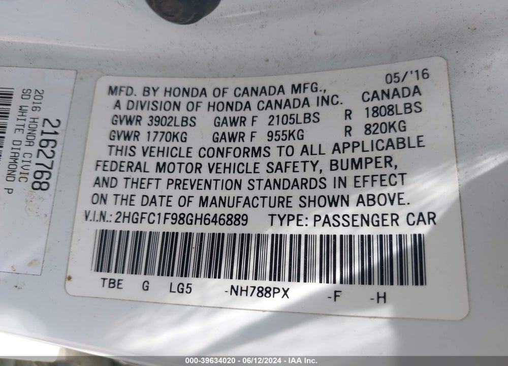 2016 HONDA CIVIC TOURING VIN: 2HGFC1F98GH646889