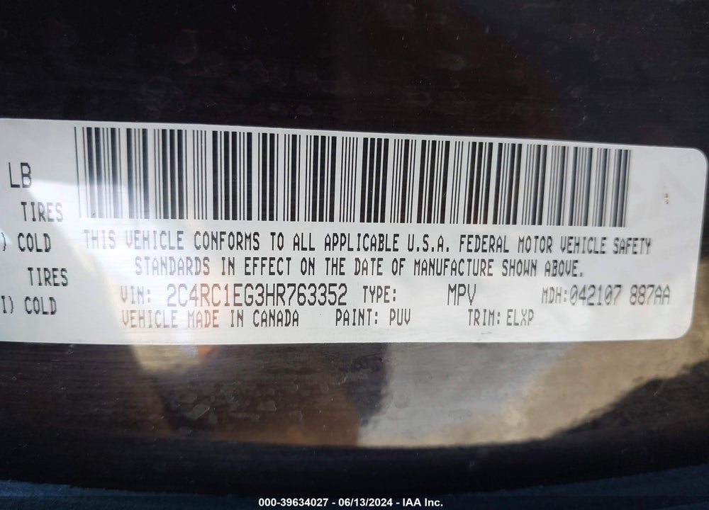2017 CHRYSLER PACIFICA VIN: 2C4RC1EG3HR763352