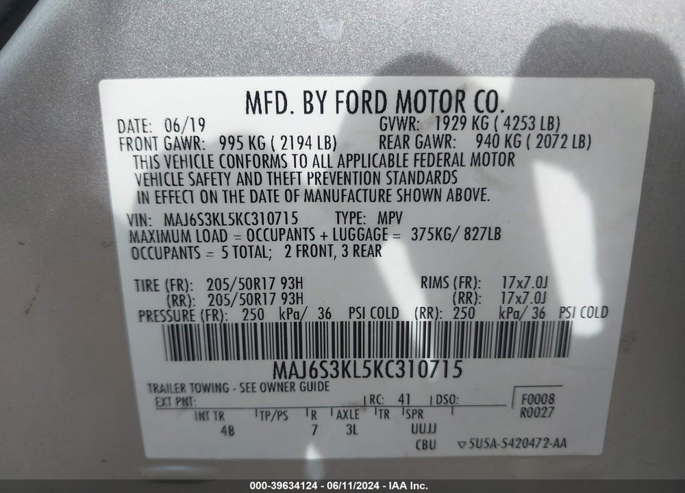 2019 FORD ECOSPORT TITANIUM VIN: MAJ6S3KL5KC310715