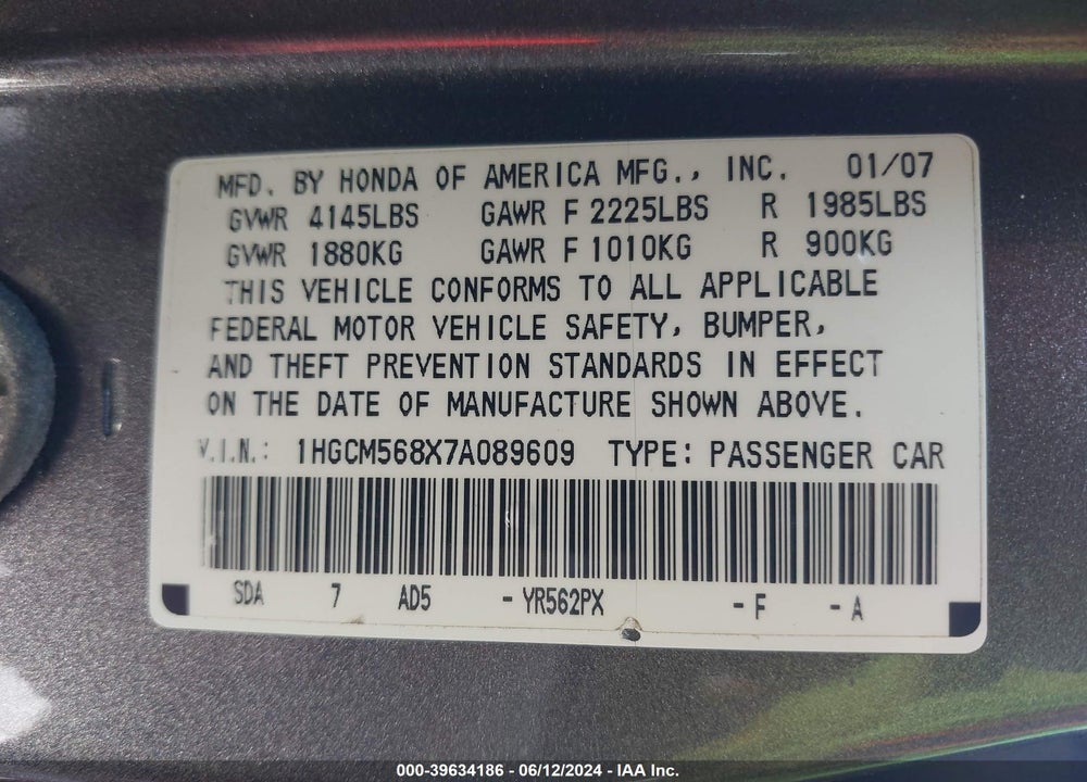 2007 HONDA ACCORD 2.4 EX VIN: 1HGCM568X7A089609