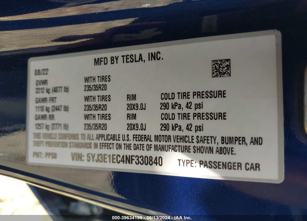 2022 TESLA MODEL 3 PERFORMANCE DUAL MOTOR ALL-WHEEL DRIVE VIN: 5YJ3E1EC4NF330840