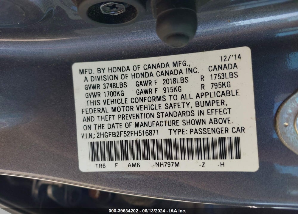 2015 HONDA CIVIC LX VIN: 2HGFB2F52FH516871