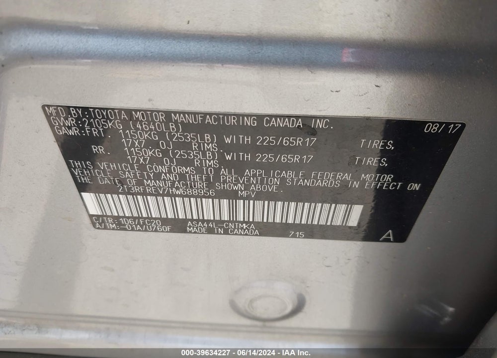 2017 TOYOTA RAV4 XLE VIN: 2T3RFREV7HW688956