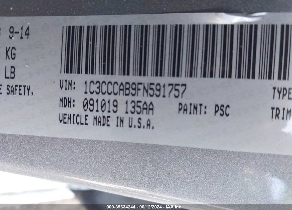 2015 CHRYSLER 200 LIMITED VIN: 1C3CCCAB9FN591757